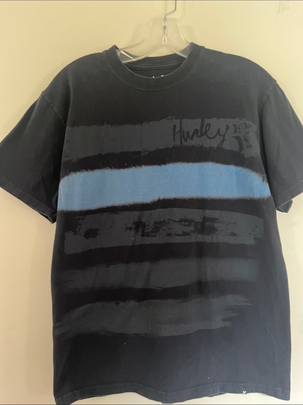 Hurley Men's Black Tee with Blue Brush Stripe